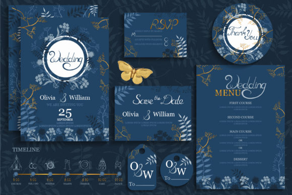 Blue Gold Wedding Cards Template. Vector Graphics for Print Templates