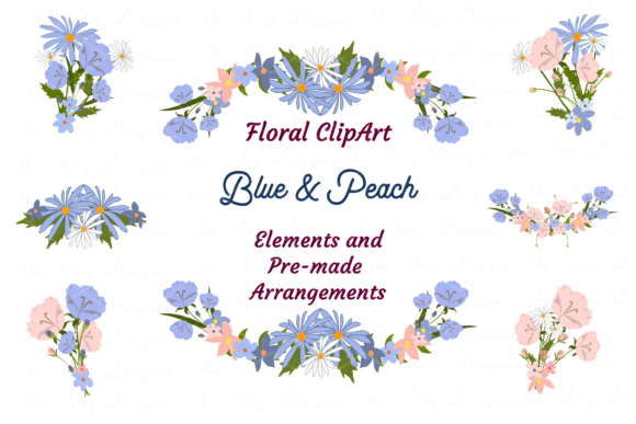 Blue Peach Daisy Flowers Clipart Bundle: Graphics & Decorative Elements